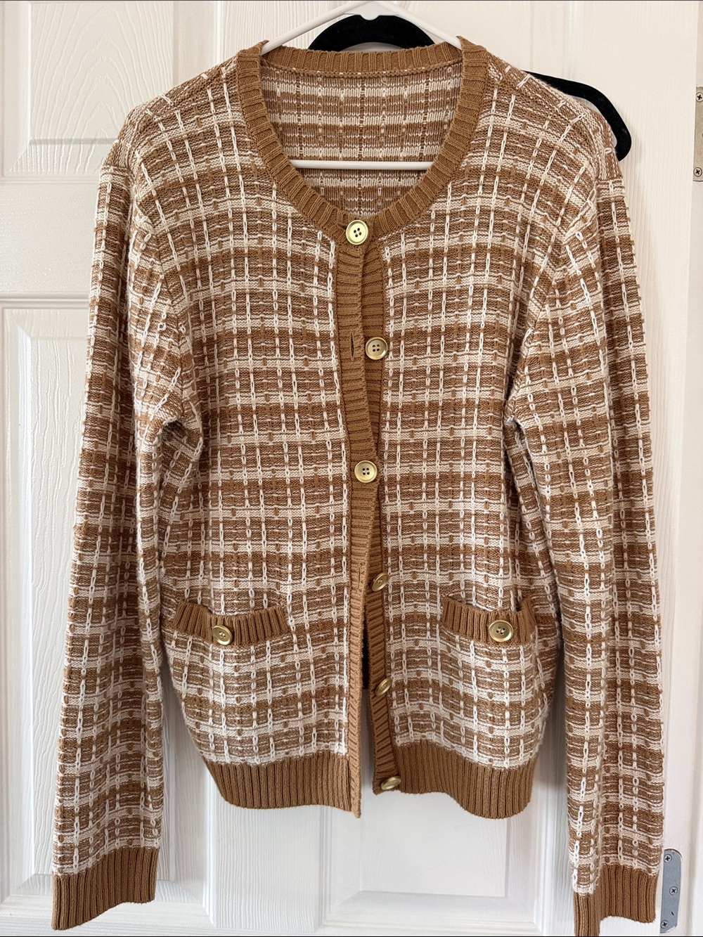 Loft Women’s tan and Cream Knit Button-Front Sweater Cardigan